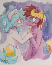 Size: 1024x1281 | Tagged: safe, artist:ruby, oc, oc:asha, oc:corduroy road, earth pony, pony, unicorn, female, male, mare, stallion, traditional art, watercolor painting, watercolour