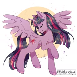 Size: 1524x1524 | Tagged: safe, artist:plutotheundead, twilight sparkle, twilight sparkle (alicorn), alicorn, pony, cute, eyes closed, female, mare, profile, raised hoof, signature, simple background, smiling, solo, sparkles, spread wings, twiabetes, wings