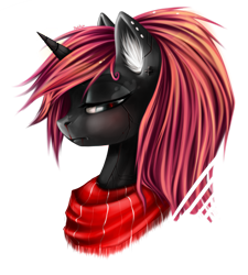 Size: 2323x2581 | Tagged: safe, artist:koi-to, oc, oc only, cyborg, pony, unicorn, black coat, clothes, cyber pony, ear fluff, frown, lidded eyes, looking at you, scarf, simple background, solo, transparent background