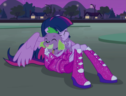 Size: 1229x945 | Tagged: safe, screencap, spike, twilight sparkle, twilight sparkle (alicorn), alicorn, dog, equestria girls, equestria girls (movie), boots, clothes, cute, dress, fall formal outfits, female, high heel boots, hug, male, night, night sky, ponied up, shoes, sky, sparkles, spikabetes, spike the dog, spikelove, twiabetes, twilight ball dress, wings