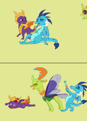 Size: 2268x3150 | Tagged: safe, artist:someguy458, derpibooru exclusive, princess ember, thorax, changedling, changeling, series:rubyandfriends, series:tpaplop, alternate universe, angry, baseball bat, changeling x dragon, digital art, embrax, female, funny, jealous, king thorax, laughing, male, moma ember, pregnant, redraw, shipping, simple background, spyro the dragon, straight
