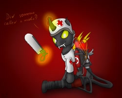 Size: 1024x824 | Tagged: safe, artist:atomfliege, oc, oc only, oc:warplix, changeling, bonesaw, changeling oc, clothes, crossover, looking at you, male, medic, medigun, solo, standing, team fortress 2, yellow changeling