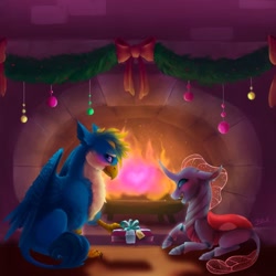 Size: 1024x1024 | Tagged: safe, artist:bluebrushcreations, gallus, ocellus, changedling, changeling, griffon, alternate design, blushing, chimney, christmas decoration, commission, cute, cute little fangs, diaocelles, fangs, female, fire, fire of friendship, fireplace, fluffy, gallabetes, looking away, luslus, male, present, realistic, realistic anatomy, shipping, straight