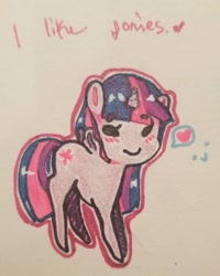 Size: 1080x1350 | Tagged: safe, artist:luluneusa, twilight sparkle, unicorn twilight, pony, unicorn, chibi, female, mare, solo, traditional art