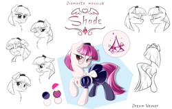 Size: 5500x3500 | Tagged: safe, artist:dreamweaverpony, oc, oc:shade, earth pony, pony, angry, beautiful, cheek fluff, clothes, color palette, cool, crying, cute, expressions, eyelashes, eyes closed, female, fluffy, glasses, looking at you, maid, maid headdress, mare, neck fluff, on side, profile, raised hoof, rear view, red eyes, red hair, reference, reference sheet, sad, sketch, smiling, socks, solo