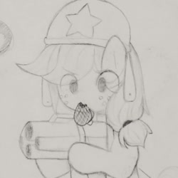 Size: 981x980 | Tagged: safe, artist:luluneusa, applejack, earth pony, pony, eye clipping through hair, female, gun, helmet, mare, monochrome, mouth hold, sketch, solo, traditional art, weapon