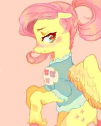Size: 480x600 | Tagged: safe, artist:luluneusa, fluttershy, pegasus, pony, alternate hairstyle, blouse, blushing, female, floppy ears, looking away, looking sideways, mare, ponytail, profile, simple background, solo, spread wings, unshorn fetlocks, wings