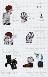 Size: 935x1510 | Tagged: safe, artist:ravenpuff, oc, oc only, oc:fine facet, oc:haas, oc:solitaire, zebra, bag, bat wings, clothes, costume, disguise, disguised changeling, drugs, ear piercing, female, glowing eyes, glowing horn, graph paper, grin, hat, high, horn, male, mare, mask, mind control, piercing, reference sheet, saddle bag, smiling, stallion, suit, text, traditional art, wings, zebra oc