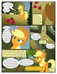 Size: 612x792 | Tagged: safe, artist:newbiespud, derpibooru import, edit, edited screencap, screencap, applejack, earth pony, pony, comic:friendship is dragons, the return of harmony, apple, comic, dialogue, female, food, freckles, frown, hat, hedge maze, implied discord, mare, screencap comic, tree, worried