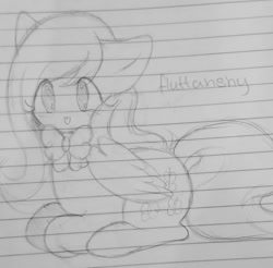 Size: 1080x1061 | Tagged: safe, artist:luluneusa, fluttershy, pegasus, pony, bow, cute, female, lined paper, mare, monochrome, no nose, shyabetes, sketch, solo, tongue out, traditional art