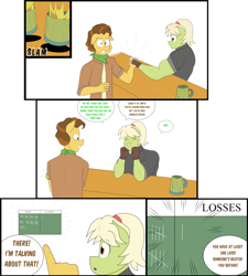 Size: 4208x4672 | Tagged: safe, artist:matchstickman, grand pear, granny smith, anthro, earth pony, comic:free cider, arm wrestling, biceps, breasts, busty granny smith, cider, clothes, comic, dialogue, duo, female, floppy ears, gloves, granny smash, male, mare, muscles, onomatopoeia, scoreboard, shirt, simple background, speech bubble, stallion, table, white background, young grand pear, young granny smith, younger