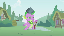 Size: 1280x720 | Tagged: safe, screencap, spike, dragon, feeling pinkie keen, baby dragon, leaf, male, rock, solo, stick