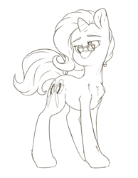 Size: 2400x3100 | Tagged: safe, artist:fluffyxai, oc, pony, unicorn, accessory, black and white, glasses, grayscale, looking at you, monochrome, sketch, smiling, solo, standing