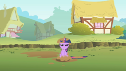 Size: 1280x720 | Tagged: safe, screencap, twilight sparkle, unicorn twilight, pony, unicorn, feeling pinkie keen, angry, ditch, female, house, mare, mud, muddy, solo