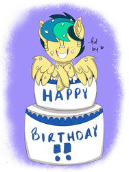 Size: 1668x2224 | Tagged: safe, artist:pixelgrip94, oc, oc:apogee, pegasus, birthday, birthday cake, cake, diageetes, food, shinodage's birthday