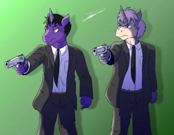 Size: 1280x995 | Tagged: safe, artist:beowulf100, oc, oc only, anthro, unicorn, clothes, commission, digital art, gun, handgun, male, pistol, pulp fiction, simple background, suit, weapon