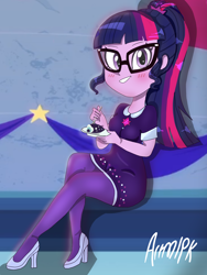 Size: 1800x2400 | Tagged: safe, artist:artmlpk, sci-twi, twilight sparkle, better together, equestria girls, twilight under the stars, blushing, cake, cute, food, high heels, legs, looking at you, ponytail, shoes, sitting, smiling, solo, twiabetes