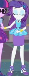 Size: 317x812 | Tagged: safe, screencap, rarity, twilight sparkle, better together, equestria girls, school of rock, clothes, cropped, cute, dress, eyes closed, female, field trip, geode of shielding, high heels, jewelry, magical geodes, museum, raribetes, shoes, skirt, sleeveless, wrist cuffs