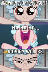 Size: 642x956 | Tagged: safe, edit, edited screencap, editor:undeadponysoldier, screencap, cozy glow, pegasus, pony, school raze, angry, caption, cozy glow is best facemaker, cozy glow is not amused, cozybetes, cute, evil laugh, female, filly, foal, freckles, image macro, logo, madorable, meme, nick jr., open mouth, reference, solo, syndrome, text, the incredibles, wrong aspect ratio