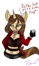 Size: 770x1280 | Tagged: safe, artist:-censored-, oc, oc only, anthro, unicorn, clothes, collar, female, gloves, horn, simple background, speech, unicorn oc, white background