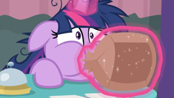 Size: 1280x720 | Tagged: safe, screencap, twilight sparkle, twilight sparkle (alicorn), alicorn, pony, a trivial pursuit, blowing, female, hyperventilating, magic, mare, paper bag, puffy cheeks, solo, twilighting