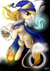 Size: 1024x1449 | Tagged: safe, artist:julunis14, oc, oc only, oc:fate, earth pony, bell, cape, clothes, cloud, commission, darkness, elements, fire, hat, water