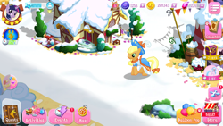 Size: 1334x750 | Tagged: safe, artist:topsangtheman, applejack, silverstream, twilight sparkle, earth pony, pony, unicorn, balloon, bits, game screencap, gameloft, gem, hearth's warming eve, older, older silverstream, snow, winter