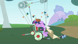 Size: 1280x720 | Tagged: safe, screencap, twilight sparkle, unicorn twilight, pony, unicorn, feeling pinkie keen, bandaged hoof, bandaged leg, bench, binoculars, female, injured, mare, slapstick, wheelchair