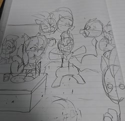 Size: 1080x1039 | Tagged: safe, alternate version, artist:omegapony16, oc, oc only, oc:oriponi, bat pony, pony, argument, bat pony oc, bipedal, eating, female, hoof hold, irl, lineart, lined paper, looking back, mare, photo, traditional art, worried