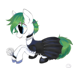 Size: 1800x1700 | Tagged: safe, artist:bo0ottle, oc, oc:olive roe, earth pony, pony, clothes, crossdressing, femboy, green hair, maid, male, mlem, silly, solo, stallion, tongue out