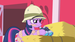 Size: 1280x720 | Tagged: safe, screencap, twilight sparkle, unicorn twilight, pony, unicorn, feeling pinkie keen, bandage, bandaid, binoculars, female, hat, mare, narrowed eyes, pith helmet