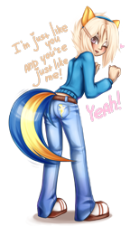 Size: 1924x3118 | Tagged: safe, artist:koi-to, oc, oc only, oc:ruru, anthro, earth pony, brown eyes, clothes, female, heart, jeans, looking at you, looking back, looking back at you, not applejack, one eye closed, pants, simple background, slippers, solo, sweater, transparent background, two toned tail, yellow mane