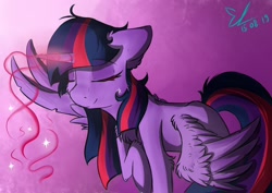 Size: 1024x724 | Tagged: safe, artist:yuris, twilight sparkle, twilight sparkle (alicorn), alicorn, pony, chest fluff, eyes closed, female, hoof on chest, magic, mare, smiling, solo, spread wings, three quarter view, wings