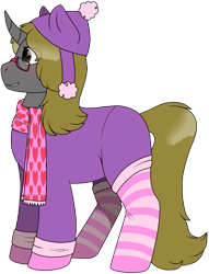 Size: 827x1084 | Tagged: safe, artist:69beas, oc, oc only, oc:luri equestria, pony, unicorn, blushing, bonnet, clothes, digital art, glasses, heart, male, scarf, simple background, socks, solo, stallion, striped socks, transparent background, winter outfit