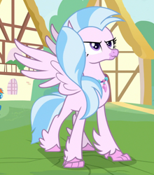 Size: 824x937 | Tagged: safe, screencap, silverstream, classical hippogriff, hippogriff, uprooted, confident, cropped, female, jewelry, necklace, pose, proud, smiling, spread wings, wings