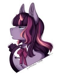 Size: 1000x1322 | Tagged: safe, artist:ezariel, oc, oc:luminous tempo, bicorn, pony, unicorn, blue eyes, bow, bowtie, bust, chest fluff, clock, cravat, dramatic, head, multicolored hair, multiple horns, open mouth, pocket watch, purple, small horns, solo