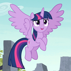 Size: 859x853 | Tagged: safe, screencap, twilight sparkle, twilight sparkle (alicorn), alicorn, pony, uprooted, cropped, flying, hooves together, open mouth, solo, spread wings, wings