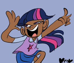 Size: 365x313 | Tagged: safe, artist:mirabuncupcakes15, twilight sparkle, human, hurricane fluttershy, blue background, clothes, dark skin, faic, female, humanized, open mouth, pleated skirt, scene interpretation, shirt, simple background, skirt, solo, vest