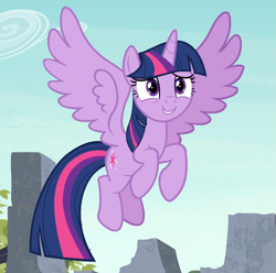 Size: 877x869 | Tagged: safe, screencap, twilight sparkle, twilight sparkle (alicorn), alicorn, pony, uprooted, cropped, flying, smiling, solo, spread wings, wings