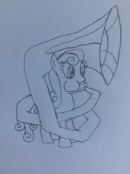 Size: 1024x1366 | Tagged: safe, artist:puffedcheekedblower, bon bon, sweetie drops, musical instrument, pencil drawing, puffy cheeks, solo, sousaphone, traditional art, tuba