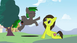 Size: 1024x576 | Tagged: safe, oc, oc only, oc:darknightprincess, earth pony, pegasus, eyes closed, female, flying, friends, gray coat, green mane, mare, tree, yellow coat