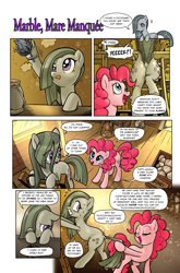 Size: 1268x1920 | Tagged: safe, artist:pencils, marble pie, pinkie pie, earth pony, pony, comic:marble mare manquee, butt, cleaning, comic, dock, duo, duster, female, fourth wall, hoof strap, marblebutt, mare, pie sisters, pie twins, plot, shocked, sisters, tail, tail pull, tongue out, twin sisters, twins