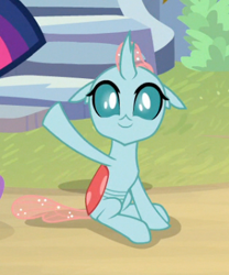 Size: 318x383 | Tagged: safe, screencap, ocellus, changedling, changeling, uprooted, cropped, cute, diaocelles, looking at you, offscreen character, raised hoof, sitting, smiling, solo