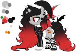 Size: 3420x2343 | Tagged: safe, artist:aestheticallylithi, artist:lazuli, oc, oc only, oc:merry mischief, alicorn, bat pony, bat pony alicorn, pony, alicorn oc, base used, bat pony oc, bowtie, christmas, clothes, coat, ear piercing, earring, eyeshadow, female, freckles, halloween, hat, heart eyes, holiday, horn, horn ring, jack-o-lantern, jewelry, makeup, mare, piercing, pumpkin, reference sheet, santa hat, simple background, snow, snowflake, snowman, socks, solo, striped socks, transparent background, wingding eyes