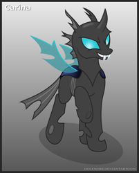 Size: 839x1046 | Tagged: safe, artist:dolenore, oc, oc:carina, changeling, fanfic:crystals & chitin, changeling oc, female, gradient background, raised hoof, solo