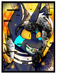 Size: 1524x1959 | Tagged: safe, artist:chazmazda, oc, oc only, oc:atlas, pony, coat markings, colored, commission, commissions open, digital art, fire, flat colors, shade, shading, solo, teeth, third eye, three eyes