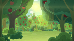 Size: 2100x1180 | Tagged: safe, screencap, going to seed, apple, apple orchard, apple tree, food, no pony, orchard, scenery, tree