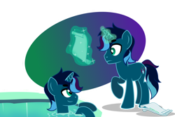 Size: 1024x683 | Tagged: safe, artist:stellardusk, oc, oc:clear dusk, oc:stellar dusk, pony, unicorn, bedroom eyes, cave, cave pool, clone, magic, mirror pool, paper, scroll, simple background