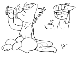 Size: 2096x1576 | Tagged: safe, artist:lucas_gaxiola, boulder (pet), maud pie, oc, alcohol, beer, chest fluff, drinking, female, hoof hold, lineart, male, mare, monochrome, speech, stallion, unamused