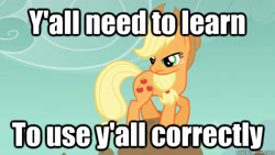 Size: 500x281 | Tagged: safe, edit, edited screencap, screencap, applejack, earth pony, pony, a dog and pony show, applejack's hat, caption, cowboy hat, female, hat, image macro, mare, meme, solo, text, y'all